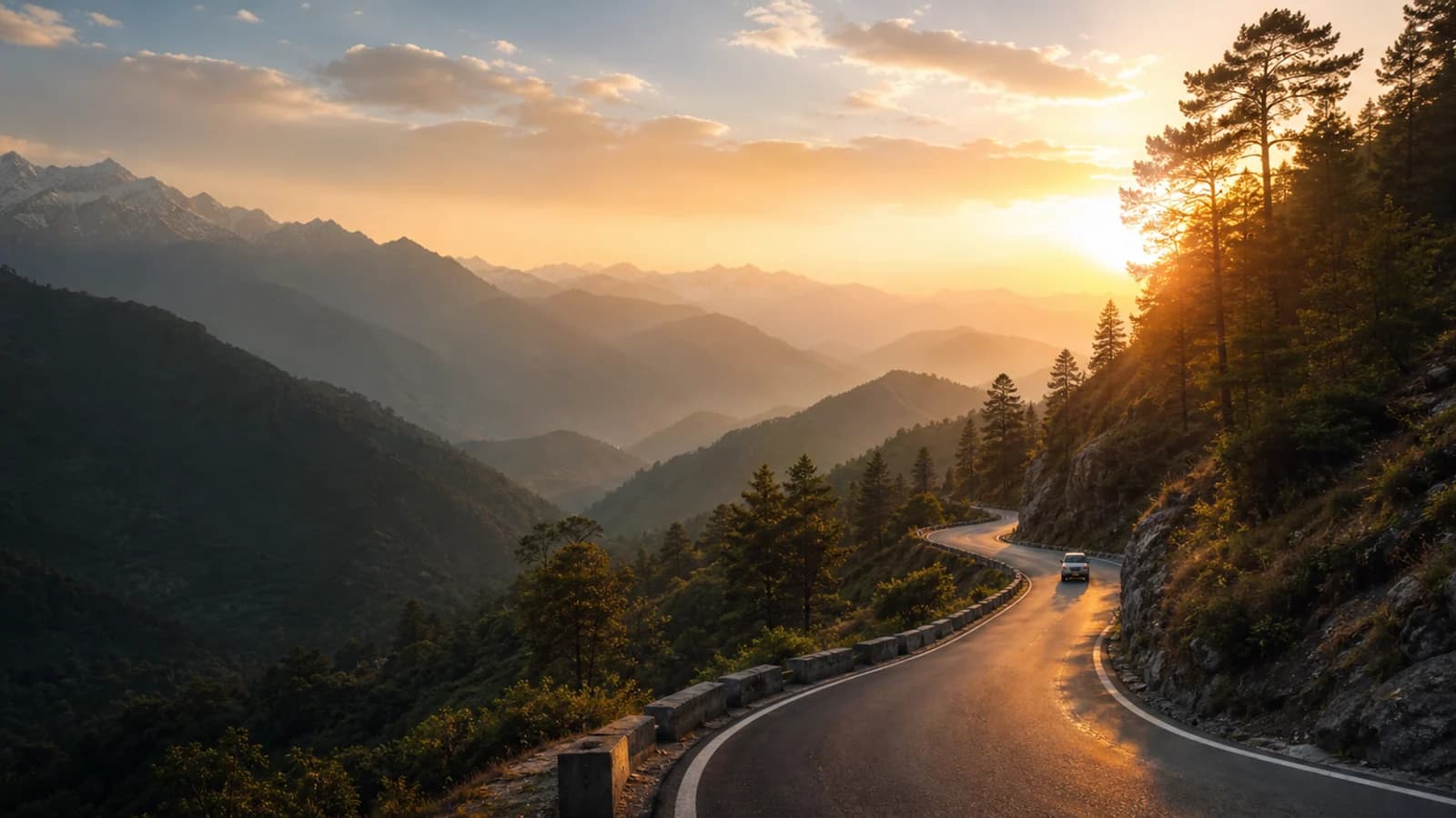 A winding Himalayan road at sunrise