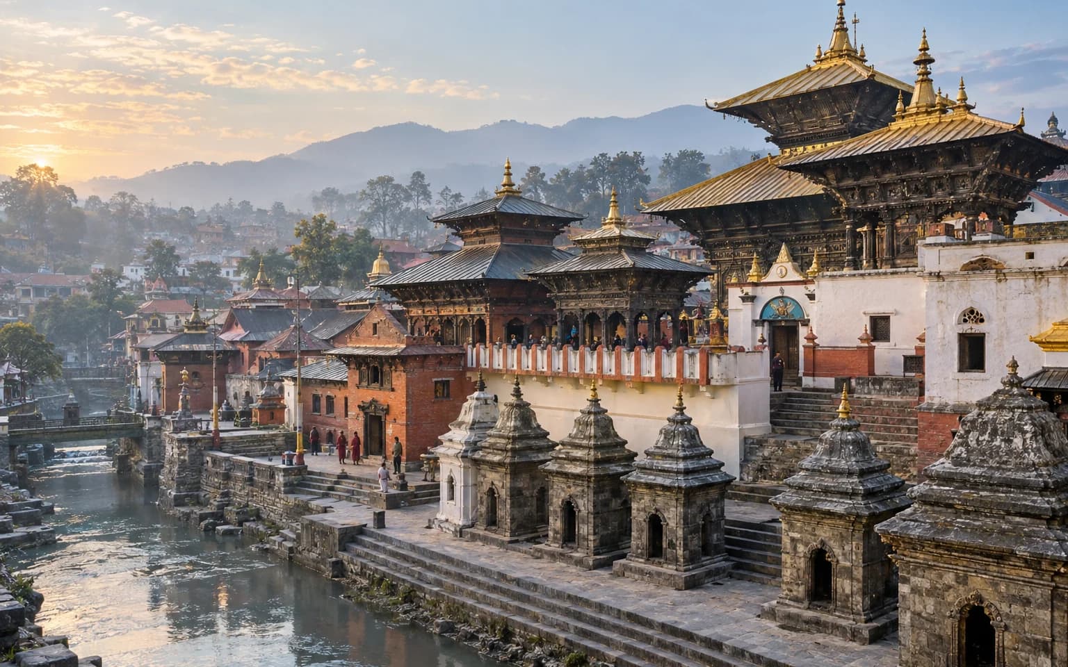 Traditional Pashupatinath temple complex beside the Bagmati River in Kathmandu