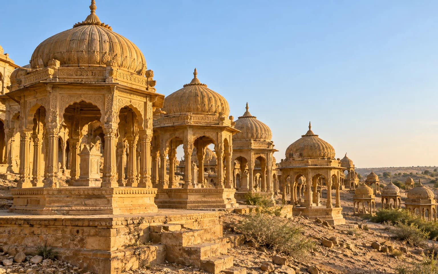 Golden sandstone cenotaph pavilions at Bada Bagh near Jaisalmer