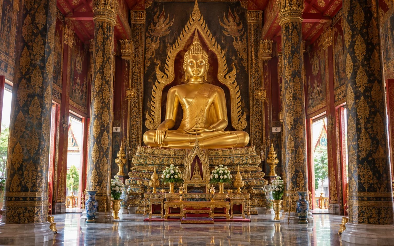 A Golden Buddha in a decorated Bangkok temple hall